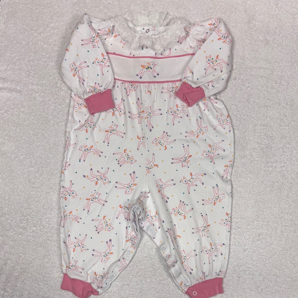 Vintage Buki Pink and White Baby bubble romper baby deer fawn cotton 24m